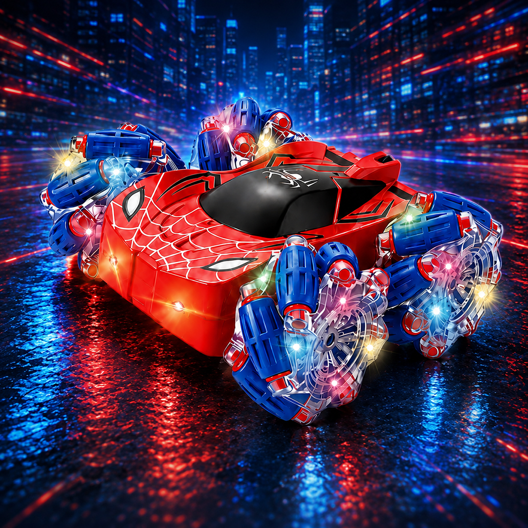מכונית פעלולים ספיידר נטענת על שלט – דריפט, 360°, אורות ומוזיקה