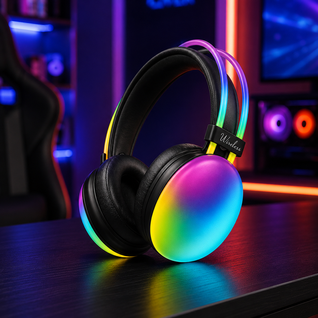 אוזניות גיימינג Over-Ear אלחוטיות עם תאורת LED מתחלפת ומיקרופון מובנה